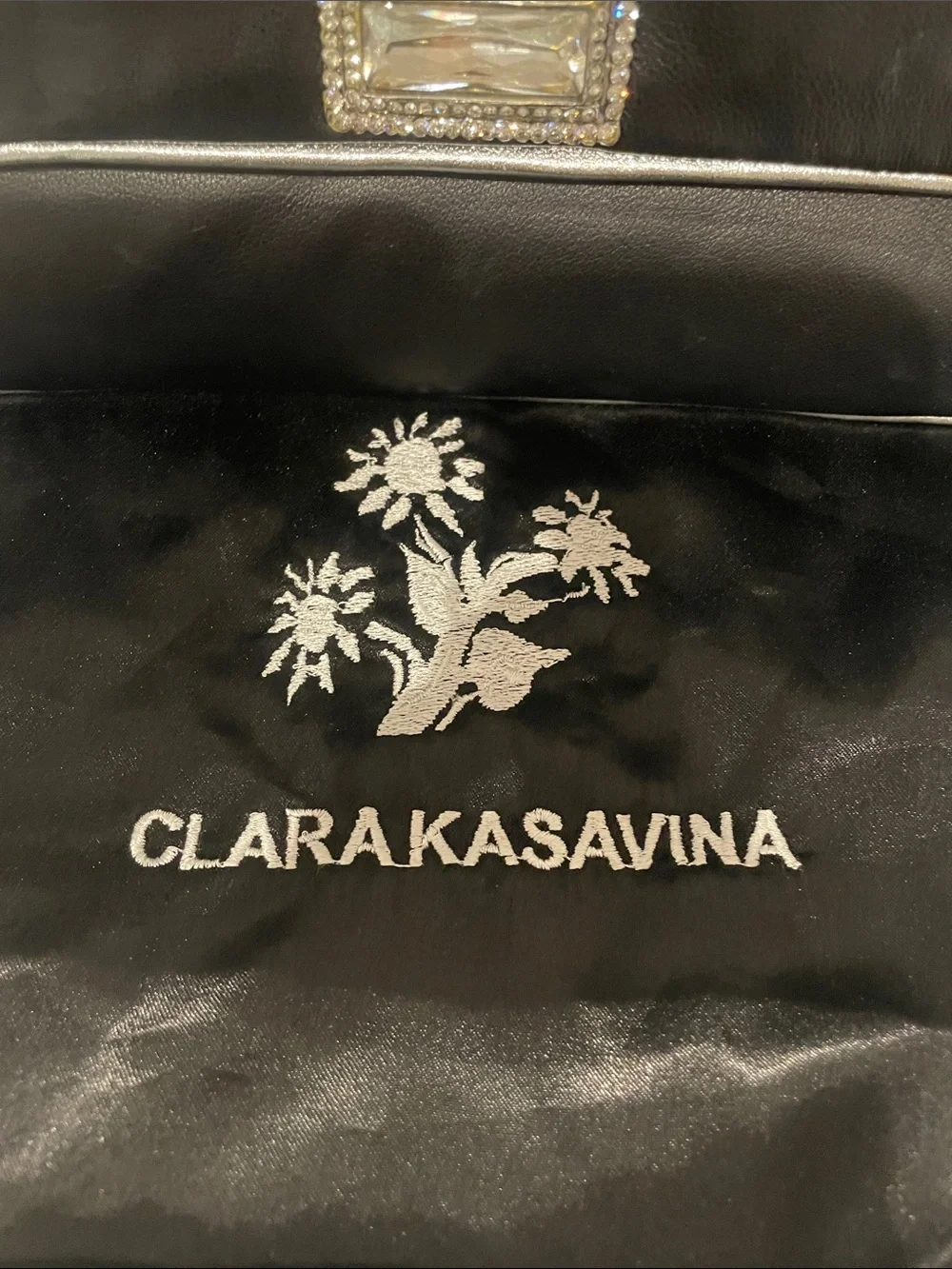 Clara Kasavina Black Leather Evening Clutch Crystal Clasp & Dust Bag - NWOT